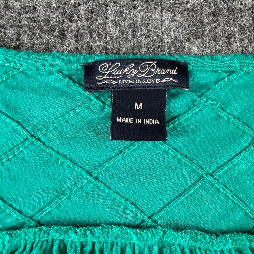 Lucky Brand Womens Teal Green V-Neck Long Sleeve Lattice Pintuck Top Size M - Picture 2 of 7